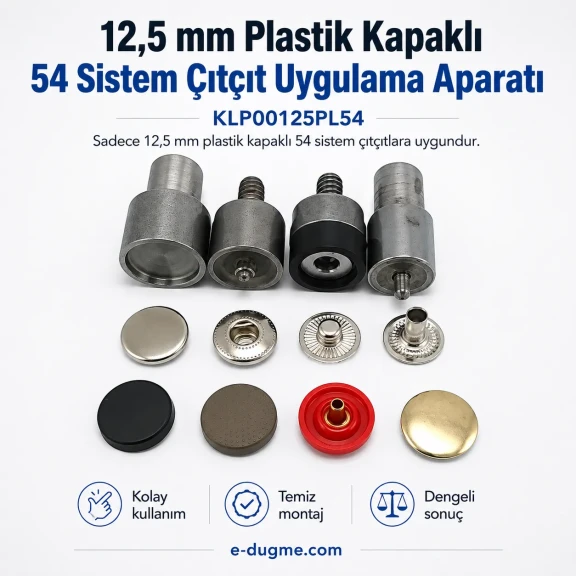 12,5 mm Plastik Kapaklı Çıtçıt Çakma Kalıbı, metal ve plastik malzemeden üretilmiştir, montaj için ideal çözüm
