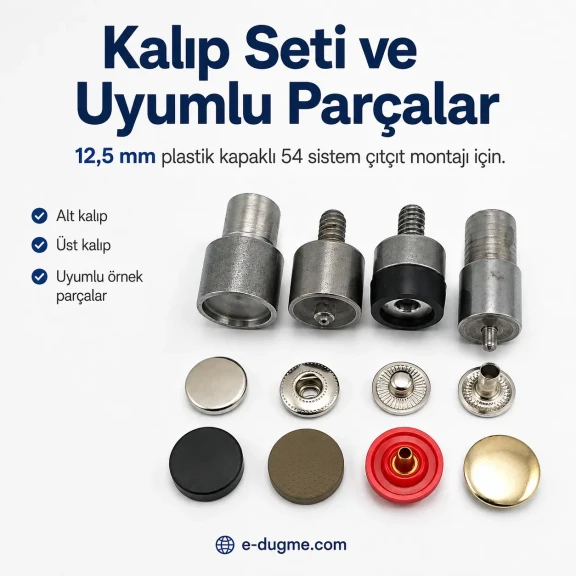 12,5 mm Plastik Kapaklı Çıtçıt Çakma Kalıbı, metal ve plastik malzemeden üretilmiştir, montaj için ideal çözüm