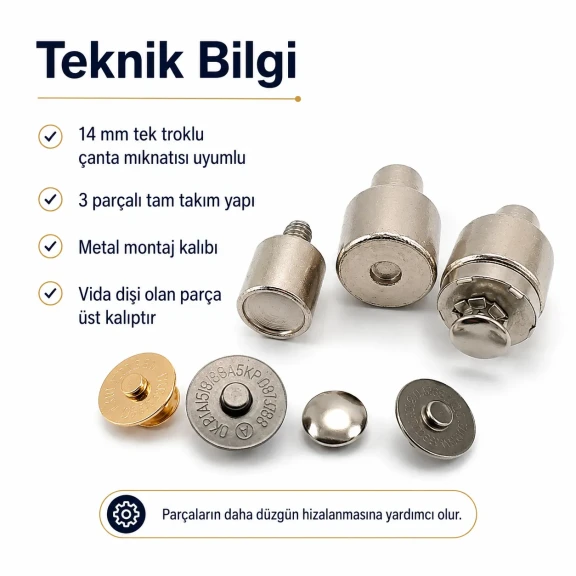 14 mm çanta mıknatısı montaj kalıbı, tek taraf troklu ve çift taraf troklu uyumlu, metal yapı ile dayanıklı ve estetik