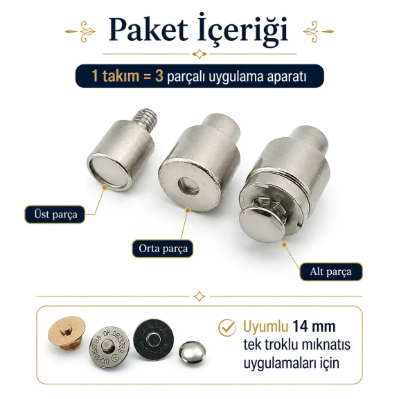 14 mm çanta mıknatısı montaj kalıbı, tek taraf troklu ve çift taraf troklu uyumlu, metal yapı ile dayanıklı ve estetik