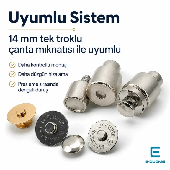14 mm çanta mıknatısı montaj kalıbı, tek taraf troklu ve çift taraf troklu uyumlu, metal yapı ile dayanıklı ve estetik