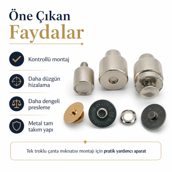 14 mm çanta mıknatısı montaj kalıbı, tek taraf troklu ve çift taraf troklu uyumlu, metal yapı ile dayanıklı ve estetik