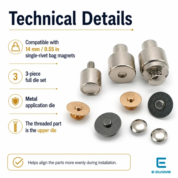 14 mm çanta mıknatısı montaj kalıbı, tek taraf troklu ve çift taraf troklu uyumlu, metal yapı ile dayanıklı ve estetik