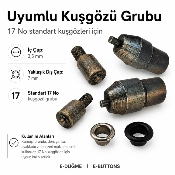 17 No Kuşgözü Kalıbı - 3,5 mm Kuşgözü Çakma Aparatı, 7 mm dış çap, 4 mm iç çap, montaj kalıbı