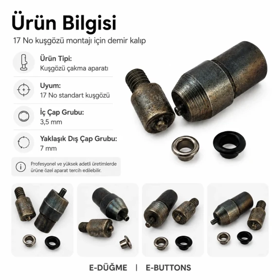 17 No Kuşgözü Kalıbı - 3,5 mm Kuşgözü Çakma Aparatı, 7 mm dış çap, 4 mm iç çap, montaj kalıbı