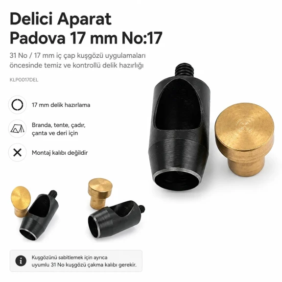 Delici Aparat Padova 17 mm, kuşgözü montajı için 17 mm çapında delik açma aparatı, deri, branda ve kumaş yüzeylerde