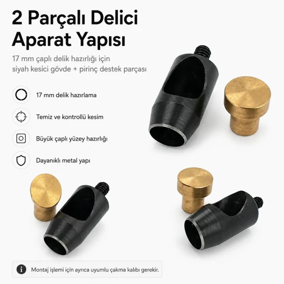Delici Aparat Padova 17 mm, kuşgözü montajı için 17 mm çapında delik açma aparatı, deri, branda ve kumaş yüzeylerde