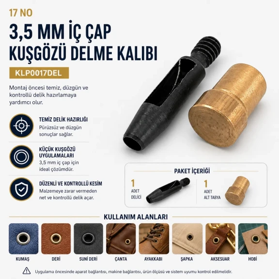 17 No kuşgözü delme kalıbı KLP0017DEL, 3,5 mm iç çap, dayanıklı metal yapısı ile tekstil, deri ve kağıt malzemelerde