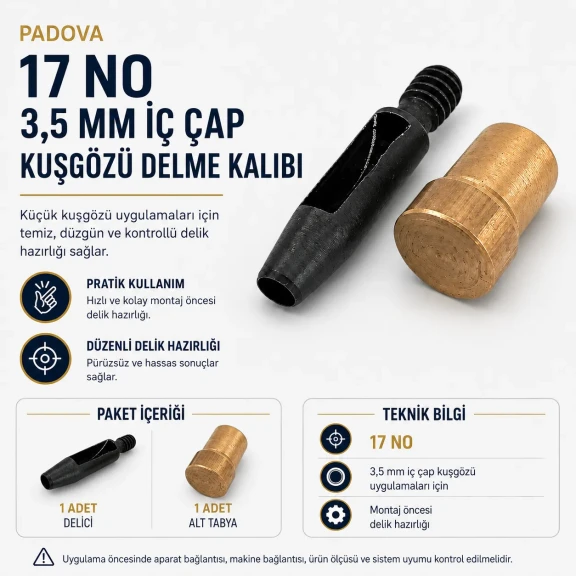 17 No kuşgözü delme kalıbı KLP0017DEL, 3,5 mm iç çap, dayanıklı metal yapısı ile tekstil, deri ve kağıt malzemelerde