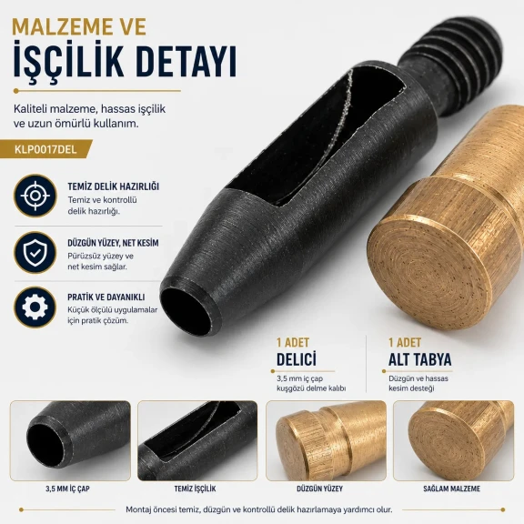 17 No kuşgözü delme kalıbı KLP0017DEL, 3,5 mm iç çap, dayanıklı metal yapısı ile tekstil, deri ve kağıt malzemelerde