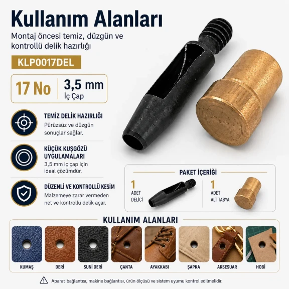 17 No kuşgözü delme kalıbı KLP0017DEL, 3,5 mm iç çap, dayanıklı metal yapısı ile tekstil, deri ve kağıt malzemelerde