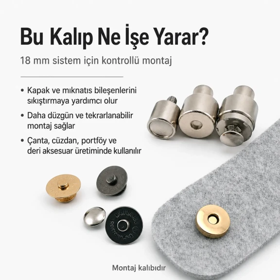 18 mm çift taraf troklu çanta mıknatısı montaj kalıbı, metal yapı, çanta üretiminde kullanıma uygun