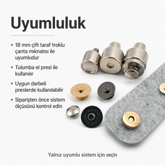 18 mm çift taraf troklu çanta mıknatısı montaj kalıbı, metal yapı, çanta üretiminde kullanıma uygun