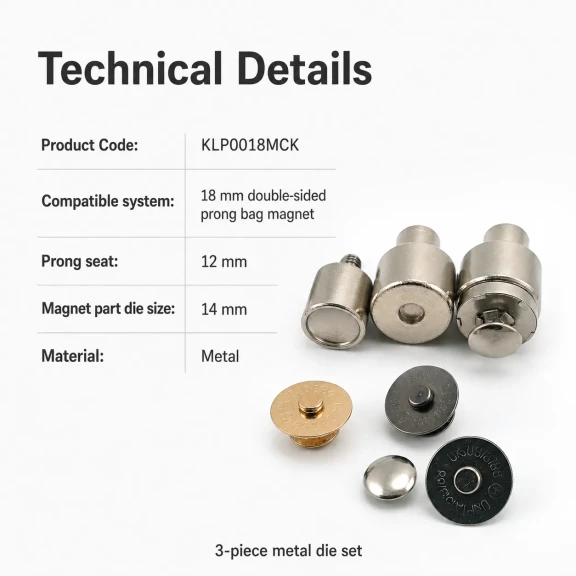 18 mm çift taraf troklu çanta mıknatısı montaj kalıbı, metal yapı, çanta üretiminde kullanıma uygun
