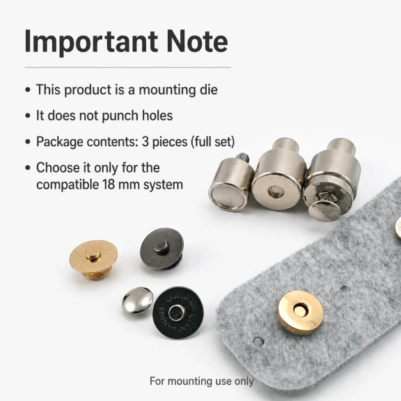 18 mm çift taraf troklu çanta mıknatısı montaj kalıbı, metal yapı, çanta üretiminde kullanıma uygun