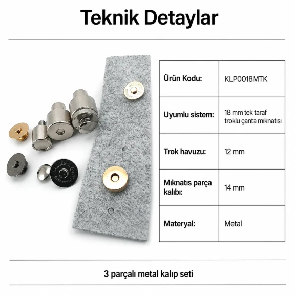 18 mm Tek Taraf Troklu Çanta Mıknatısı Montaj Kalıbı KLP0018MTK, metal yapı ile çanta ve aksesuar üretiminde hatasız montaj