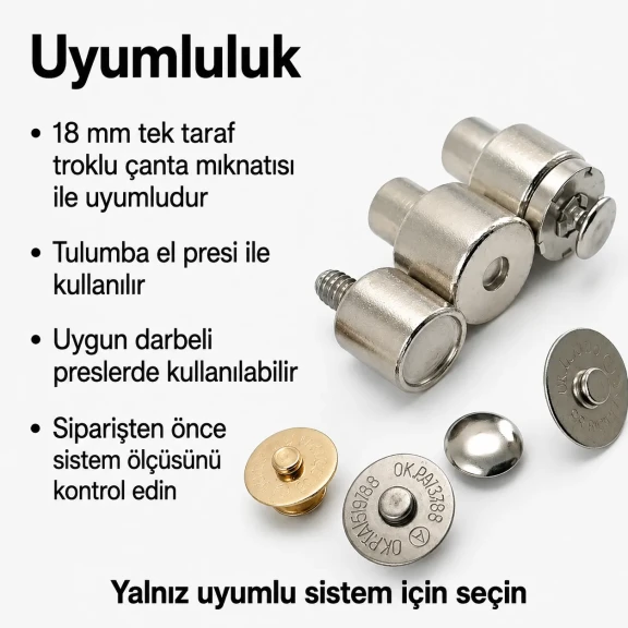 18 mm Tek Taraf Troklu Çanta Mıknatısı Montaj Kalıbı KLP0018MTK, metal yapı ile çanta ve aksesuar üretiminde hatasız montaj