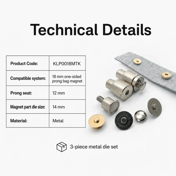 18 mm Tek Taraf Troklu Çanta Mıknatısı Montaj Kalıbı KLP0018MTK, metal yapı ile çanta ve aksesuar üretiminde hatasız montaj