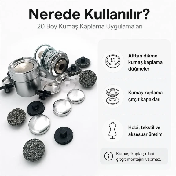 20 boy 12,5 mm kumaş kaplama düğme aparatı alttan dikme modeli, terzilik ve butik üretim için ideal