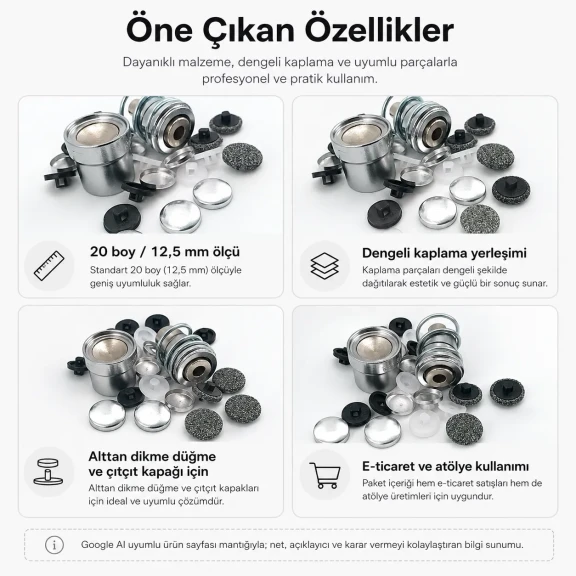 20 boy 12,5 mm kumaş kaplama düğme aparatı alttan dikme modeli, terzilik ve butik üretim için ideal