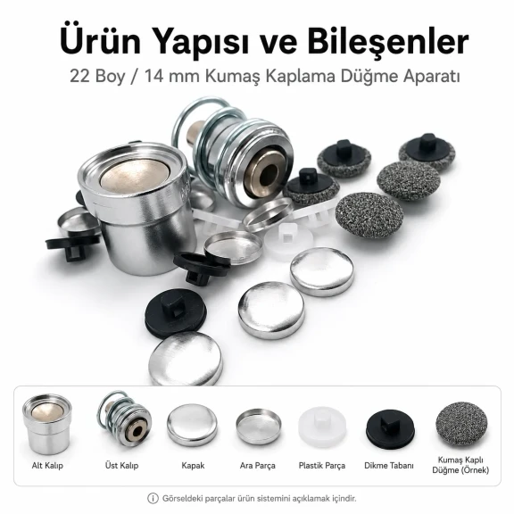 22 boy 14 mm kumaş kaplama düğme aparatı alttan dikme modeli, terzilik ve butik üretim için ideal