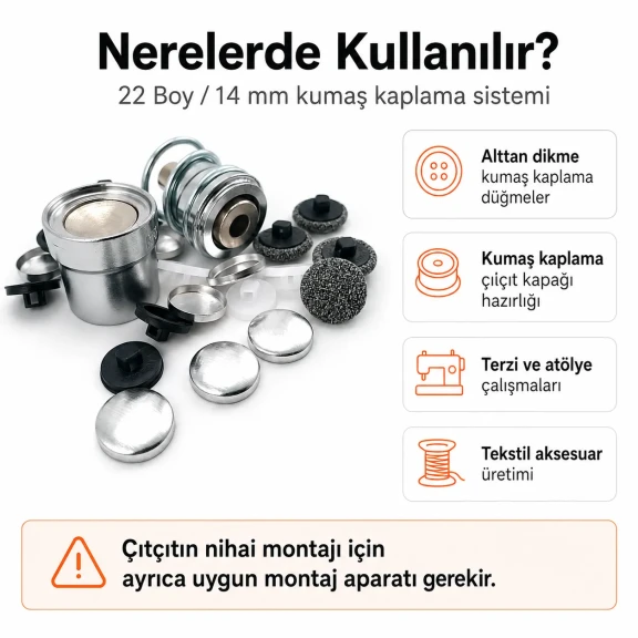 22 boy 14 mm kumaş kaplama düğme aparatı alttan dikme modeli, terzilik ve butik üretim için ideal
