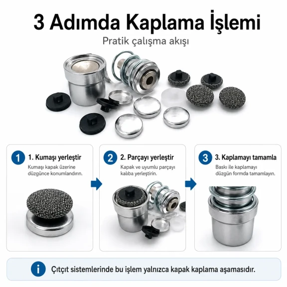 22 boy 14 mm kumaş kaplama düğme aparatı alttan dikme modeli, terzilik ve butik üretim için ideal