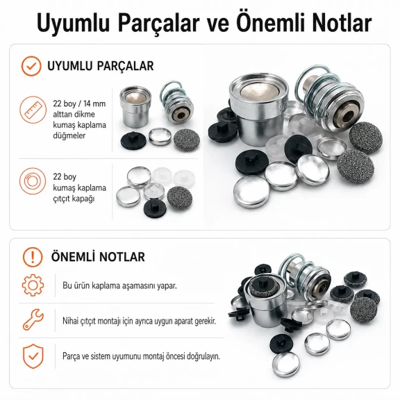 22 boy 14 mm kumaş kaplama düğme aparatı alttan dikme modeli, terzilik ve butik üretim için ideal