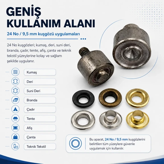 24 No kuşgözü montaj aparatı ile 9,5 mm kuşgözlerinin montajı için ideal çakma kalıbı
