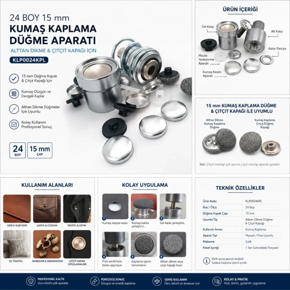 24 Boy 15 mm Kumaş Kaplama Düğme Aparatı - Alttan Dikme ve Çıtçıt Kapağı İçin KLP0024KPL