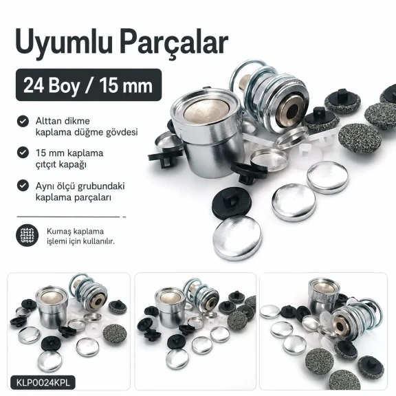 24 Boy 15 mm Kumaş Kaplama Düğme Aparatı - Alttan Dikme ve Çıtçıt Kapağı İçin KLP0024KPL