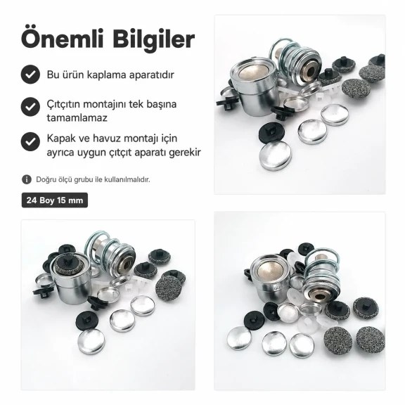 24 Boy 15 mm Kumaş Kaplama Düğme Aparatı - Alttan Dikme ve Çıtçıt Kapağı İçin KLP0024KPL