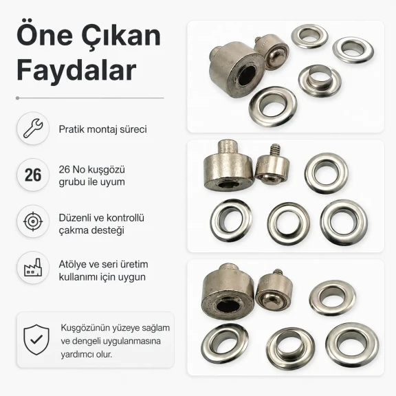 26 No Kuşgözü Montaj Aparatı - İç Çap 12 mm Kuşgözü Çakma Kalıbı KLP0026, yüksek kaliteli metal malzeme ile tekstil, deri ve