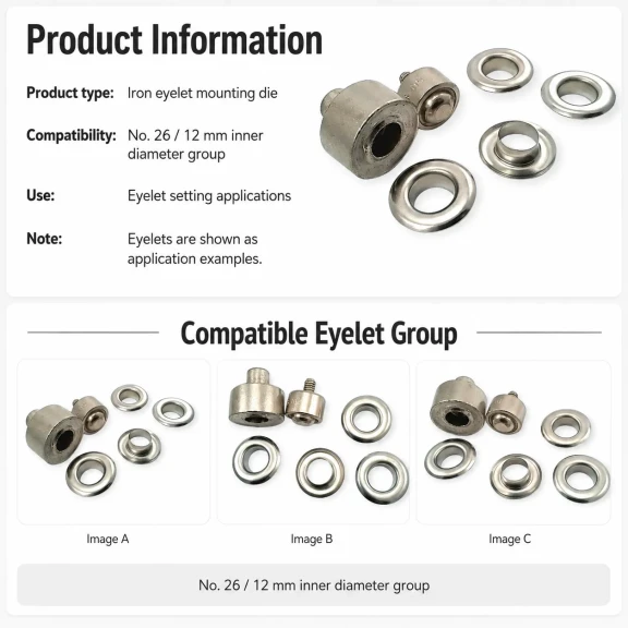 26 No Kuşgözü Montaj Aparatı - İç Çap 12 mm Kuşgözü Çakma Kalıbı KLP0026, yüksek kaliteli metal malzeme ile tekstil, deri ve