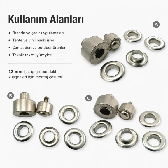 26 No Kuşgözü Montaj Aparatı - İç Çap 12 mm Kuşgözü Çakma Kalıbı KLP0026, yüksek kaliteli metal malzeme ile tekstil, deri ve