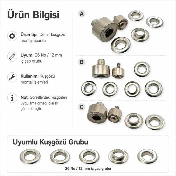 26 No Kuşgözü Montaj Aparatı - İç Çap 12 mm Kuşgözü Çakma Kalıbı KLP0026, yüksek kaliteli metal malzeme ile tekstil, deri ve