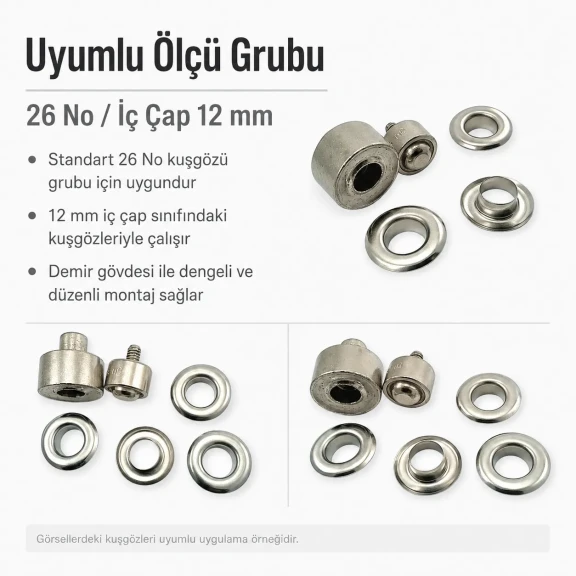 26 No Kuşgözü Montaj Aparatı - İç Çap 12 mm Kuşgözü Çakma Kalıbı KLP0026, yüksek kaliteli metal malzeme ile tekstil, deri ve