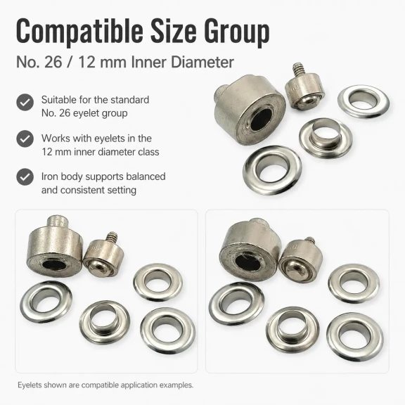 26 No Kuşgözü Montaj Aparatı - İç Çap 12 mm Kuşgözü Çakma Kalıbı KLP0026, yüksek kaliteli metal malzeme ile tekstil, deri ve