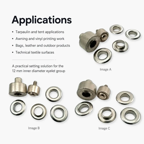 26 No Kuşgözü Montaj Aparatı - İç Çap 12 mm Kuşgözü Çakma Kalıbı KLP0026, yüksek kaliteli metal malzeme ile tekstil, deri ve