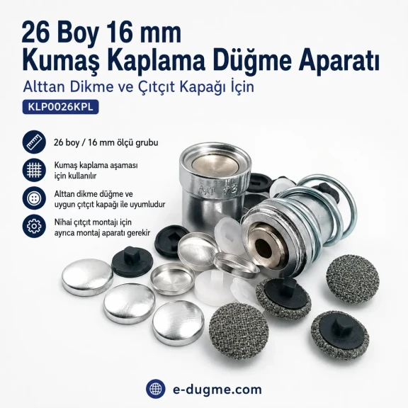 26 boy 16 mm kumaş kaplama düğme aparatı alttan dikme modeli, terzilik ve butik üretim için ideal