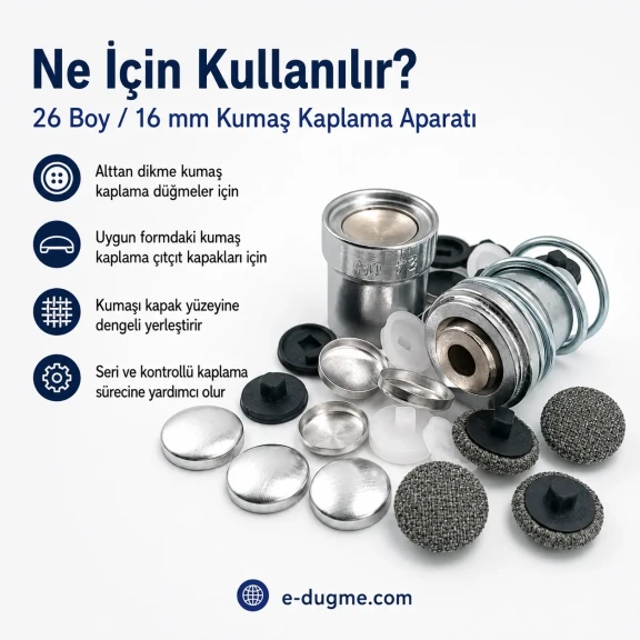 26 boy 16 mm kumaş kaplama düğme aparatı alttan dikme modeli, terzilik ve butik üretim için ideal