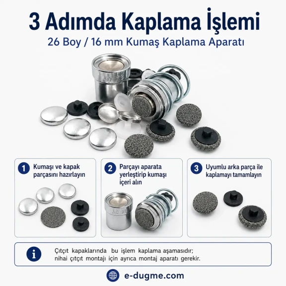 26 boy 16 mm kumaş kaplama düğme aparatı alttan dikme modeli, terzilik ve butik üretim için ideal