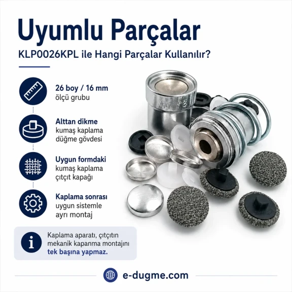 26 boy 16 mm kumaş kaplama düğme aparatı alttan dikme modeli, terzilik ve butik üretim için ideal