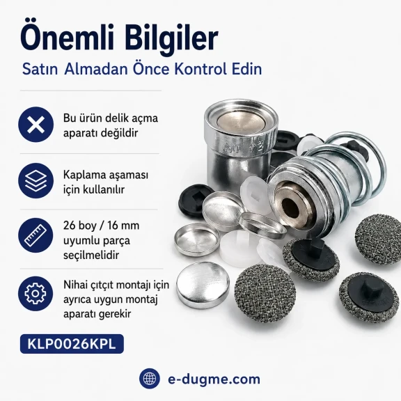 26 boy 16 mm kumaş kaplama düğme aparatı alttan dikme modeli, terzilik ve butik üretim için ideal