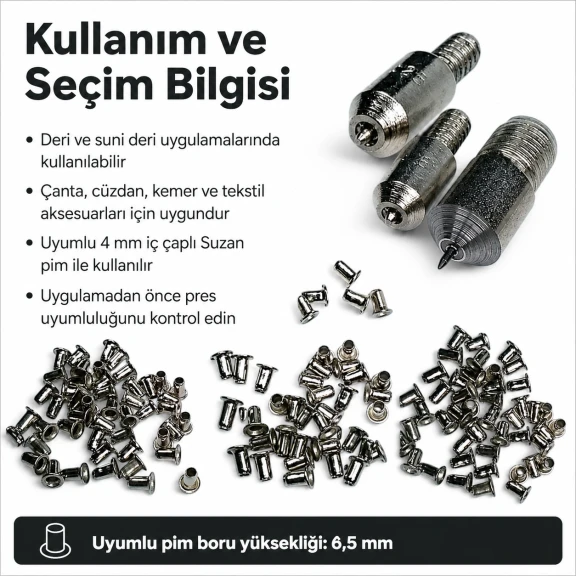 4 mm iç çaplı Suzan Pim Montaj Kalıbı, deri, suni deri, karton ve tekstil yüzeylerinde dengeli montaj için ideal