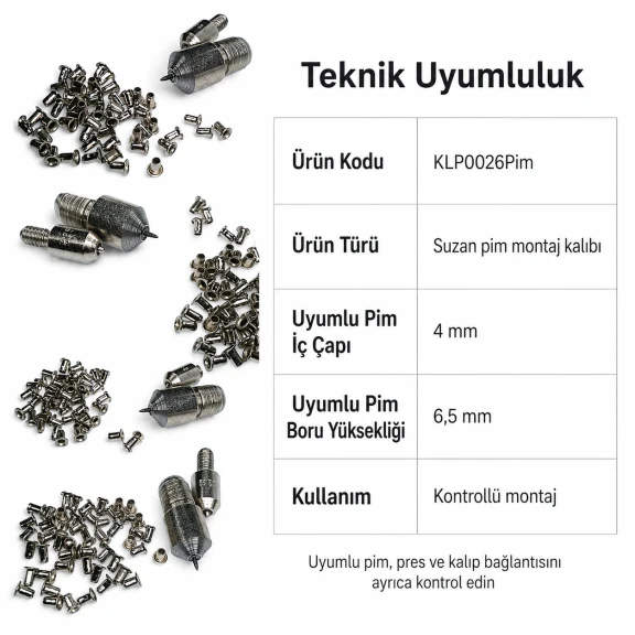 4 mm iç çaplı Suzan Pim Montaj Kalıbı, deri, suni deri, karton ve tekstil yüzeylerinde dengeli montaj için ideal