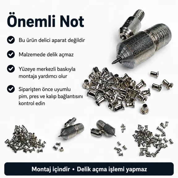 4 mm iç çaplı Suzan Pim Montaj Kalıbı, deri, suni deri, karton ve tekstil yüzeylerinde dengeli montaj için ideal