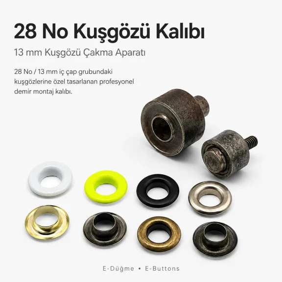 28 No Kuşgözü Kalıbı - 13 mm Kuşgözü Çakma Aparatı, metal malzemeden yapılmış, çeşitli kumaş ve deri malzemelerde