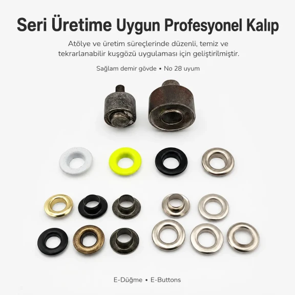 28 No Kuşgözü Kalıbı - 13 mm Kuşgözü Çakma Aparatı, metal malzemeden yapılmış, çeşitli kumaş ve deri malzemelerde