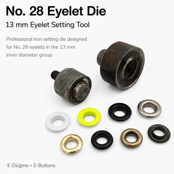 28 No Kuşgözü Kalıbı - 13 mm Kuşgözü Çakma Aparatı, metal malzemeden yapılmış, çeşitli kumaş ve deri malzemelerde